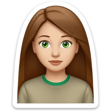 Adult woman avatar, light skin tone, oval face, straight long brown hair, green eyes, neutral mouth, casual  sticker