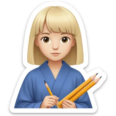 young very happy artist with straight blonde hair and bangs, with pencil ad paper and modern robe sticker