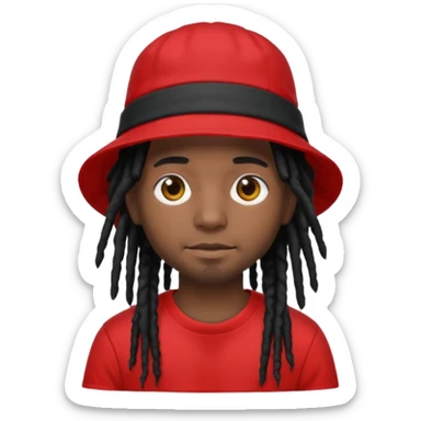 dark brown skin, black hair dreadlocks, wear red t-shirt, black bucket hat sticker