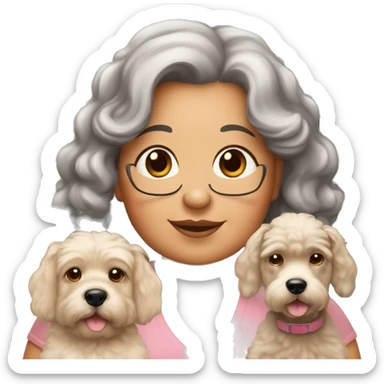 50 year old chubby woman with 03 dogs being a black poodle, a big ear caramel and a baby shorthair caramel sticker