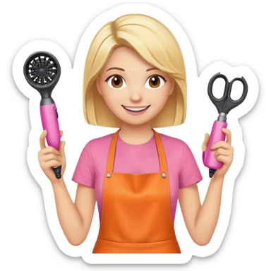 smiling blonde woman hairstylist wearing pink t-shirt and orange apron, hands raised, holding scissors and hairdryer sticker