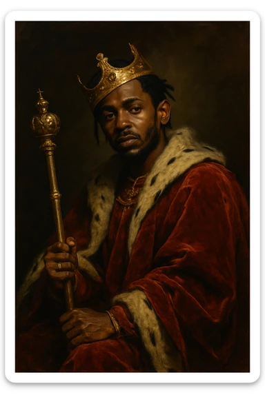 Kendrick Lamar in kingly robes, holding a scepter, crown tilted, artistic portrait, moody lighting, contemporary style sticker