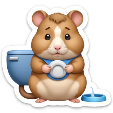Cute chubby cartoon-style hamster sitting on toilet pooping looking as if he had an accident sticker