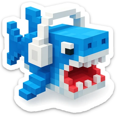 voxel style shark with white headphones, open mouth, blocky, blue and silver, no background sticker