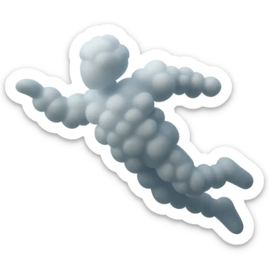flying person with body made of small white fluffy clouds, matte glass style, simple pose, no background sticker