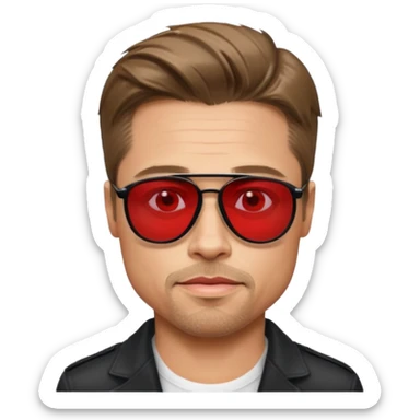 Brad Pitt, wearing dark glasses with red lenses sticker