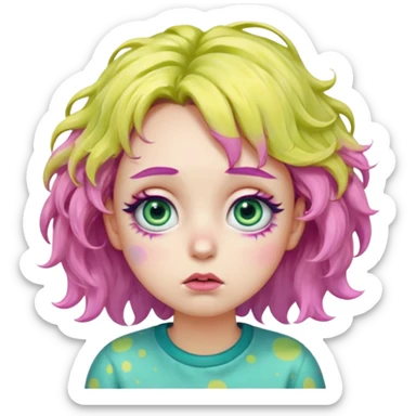 messy, wavy chartreuse hair, with pink specks, bushy eyelashes, and big round eyes, with irises that are teal on the outside and yellow on the inside while making a pouty face saying pay attention to me in bubble words sticker