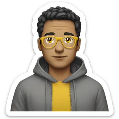 White man with yellow tinted glasses and black hair in a gray hoodie sticker