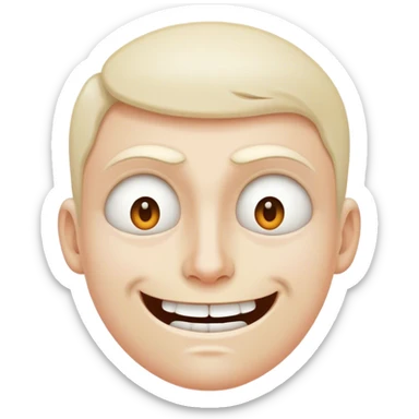 Tight, awkward grin with dead eyes, trying to act normal in chaos. sticker