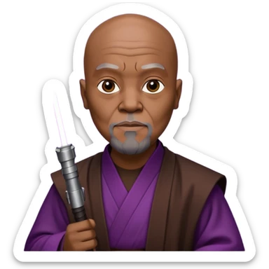 star wars master windu bald head, no facial hair, brown jedi outfit with purple lightsaber sticker