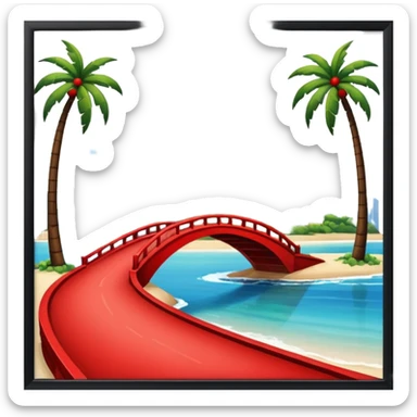  island with modern buildings, beaches with palm trees, and a red bridge on one side sticker