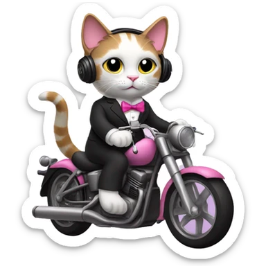 rag doll cat with pink bowtie, and a suit, and riding a motorcycle, while listening to music with headphones sticker