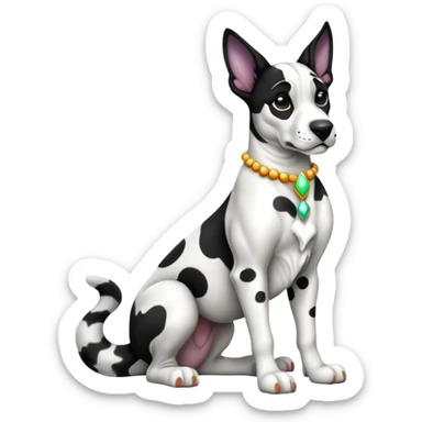 cinematic-[harlequin dane]-realistic-full-body-sitting-emoji,-tail-resting-loosely-beside-its-paws,-head-tilted-dramatically, ears drooped, -sleek-[black and white]-fur,-simplified-yet-realistic-focused-features,-highly-detailed,-glowing-with-an-almost-sarcastic-glow sticker