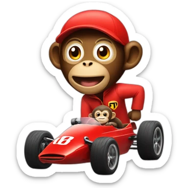 Monkey in a F1 red car with a man running after him sticker
