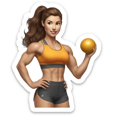 Hyperrealistic pencil drawing of athletic sexy girl with brown hair with kettlebell sticker