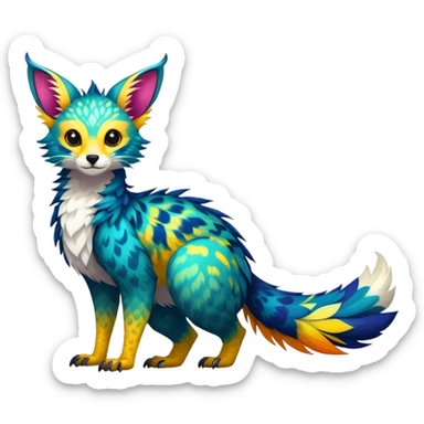Feral Rare Fantasy vibrant tropical Vernid-Trico-species-creature by LiLaiRa, random markings, tufted tail, tufted ears, full body sticker