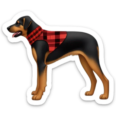 75% Coonhound 25% German Shepherd mix dog wearing small pointed red buffalo plaid bandana pointing down side view full body facing left sticker