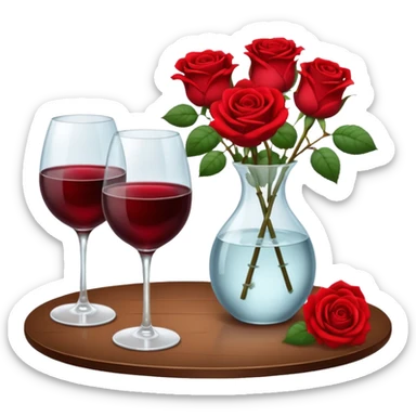  romantic table set for two with roses in a vase of water and 2 glasses of red wine sticker