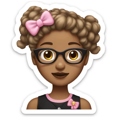 A light brown skin girl wearing black glasses that have hello kitty charms on them with a light pink bow on the side of the girls head sticker