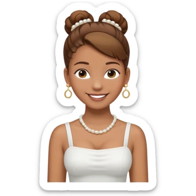 Full body Light brown skin girl, brown hair in bun, smiling, white tube top, pearl earrings sticker
