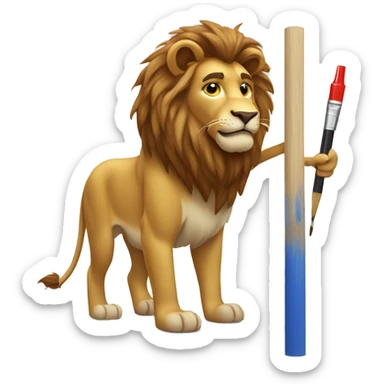 lion standing holding paint roll one hand and point the whiteboard other hand with painter dress sticker