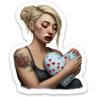 Hyper Realistic Beautiful tattooed woman crying holding a broken heart cushion sticker