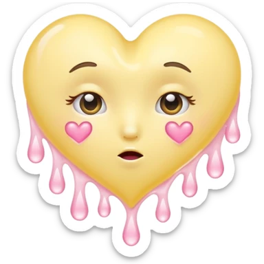 A pastel-yellow heart melting into soft pink tears, curled on a clouded floor under warm sunrise light. sticker