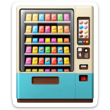 small snack vending machine emoji in Apple style, visible candies and chocolate bars, friendly and inviting sticker