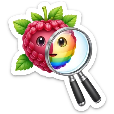 a raspberry holds a rainbow colored magnifier with its budding from handle of magnifier sticker