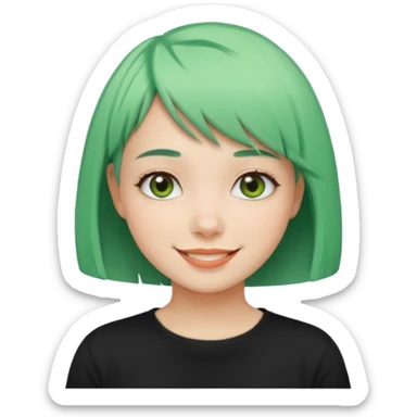 Girl with Mint Bob Cut – short green hair, cheerful smile, black t-shirt sticker