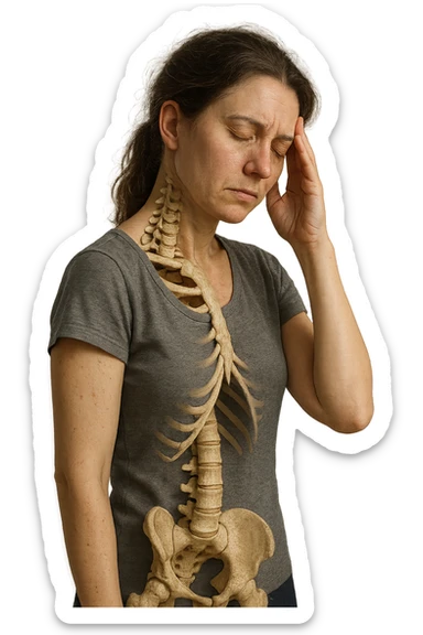 donna stanca a figura intera che si tiene una mano sulla tempia con spina dorsale anatomica visibile, iperrealistico 4k sticker