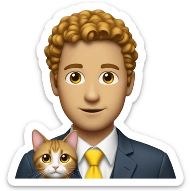 White man with brown curly hair wearing a yellow tie holding a cat sticker
