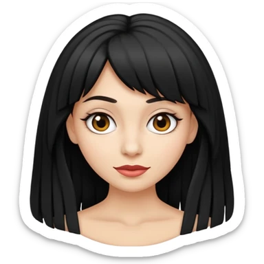 Faça um emoji de uma mulher branca, com cabelo liso preto longo, e com uma franja acima da sombrancelha. sticker