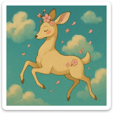 feminine adult vanilla cloud doe with rosy cheeks and cherry flowers, floating gracefully in a dreamy Ghibli-Pixar style sticker