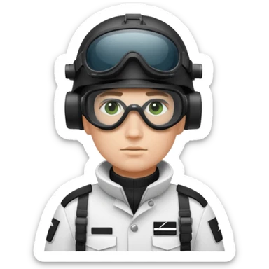 A Finnish modern soldier in a white snow uniform. with black night vision goggles sticker