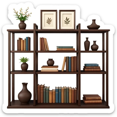 Wooden shelving unit with books and decorative items sticker