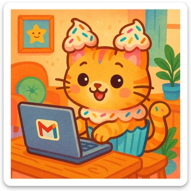 A whimsical cat with cupcake frosting and sprinkles, sitting at a laptop with a Gmail logo, writing funny stories for friends on Gmail. The cat is colorful with cupcake-themed features, including frosting ears and a cupcake wrapper body. The scene is playful and cute. sticker