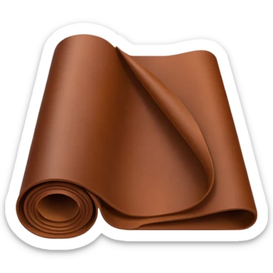 Apple-style 3D emoji of a rolled sheet of industrial leather, smooth surface, deep brown color, soft sheen, folded like fabric, with slight creases showing its texture. sticker