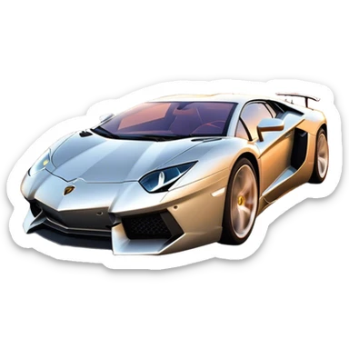 Lamborghini Aventador speeding down Sunset Avenue at dusk, headlights blazing. The sky glows in warm sunset hues, reflecting off the sleek car. Motion blur emphasizes speed, with palm trees and city lights in the background. Transparent background. sticker