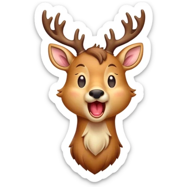 Cinematic Cute Yawning Deer Portrait Emoji, Head tilted slightly with a dramatic, wide-open yawn, revealing a soft, dappled Fur and elegantly drooping ears, eyes barely open in drowsy contentment, Simplified yet irresistibly adorable features, highly detailed, glowing with a soft, cozy glow, high shine, relaxed yet expressive, stylized with a touch of natural whimsy, bright and endearing, soft glowing outline, capturing the essence of a sleepy yet affectionate deer, so drowsy it feels like it could stretch right out of the screen and curl up for a nap! sticker