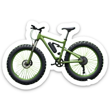 An icon showing a mountain bike with thick tires on a forest trail, surrounded by trees and natural terrain. The background features a lush green forest with sunlight filtering through the branches, and a winding path ahead. Transparent background highlights the  adventure of mountain biking. sticker