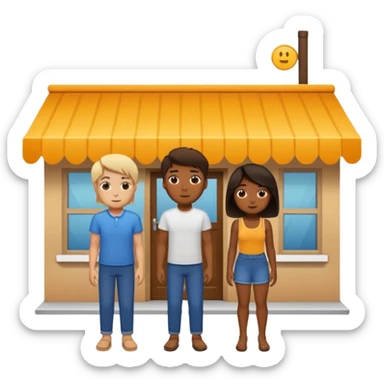 2 grown  2D line-drawn characters + small shop sticker