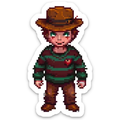 Freddy Krueger in pixel art style, menacing pose, classic striped sweater sticker
