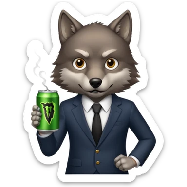 wolf in business suit, holding one monster energy can, with brown eyes  sticker
