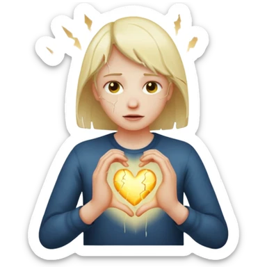 Heart cracking with light leaking out, hands trying to hold it together sticker