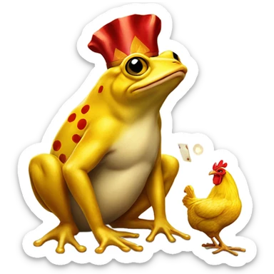 a golden frog and a chicken playing cards sticker