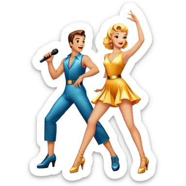 Vintage movie poster-style icon for a musical film. The cityscape glows in the background, evoking the golden era of musicals. A vibrant street scene with bright lights, dancers mid-step, a singer with a microphone among the skyscrapers. Transparent background. sticker