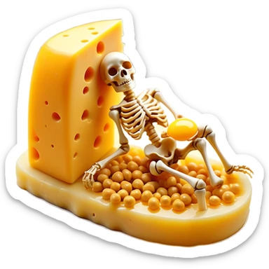 Ethereal pieces of aged cheese, golden egg yolk, and natto floating around a translucent glowing skeleton. Fine rays of golden light flow from the foods to the bones, where small locks open upon contact, guiding calcium like precision keys that prevent accumulation in arteries. sticker