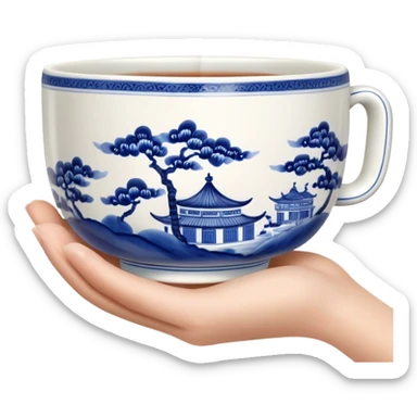hand holding a traditional Chinese blue and white porcelain tea cup without handle sticker