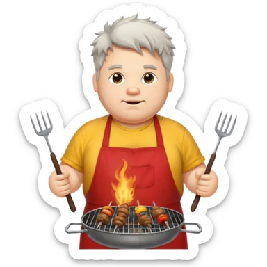 chubby man white messy hair and dirty yellow shirt and a red apron grilling bbq and skewers on a sizzling grill sticker